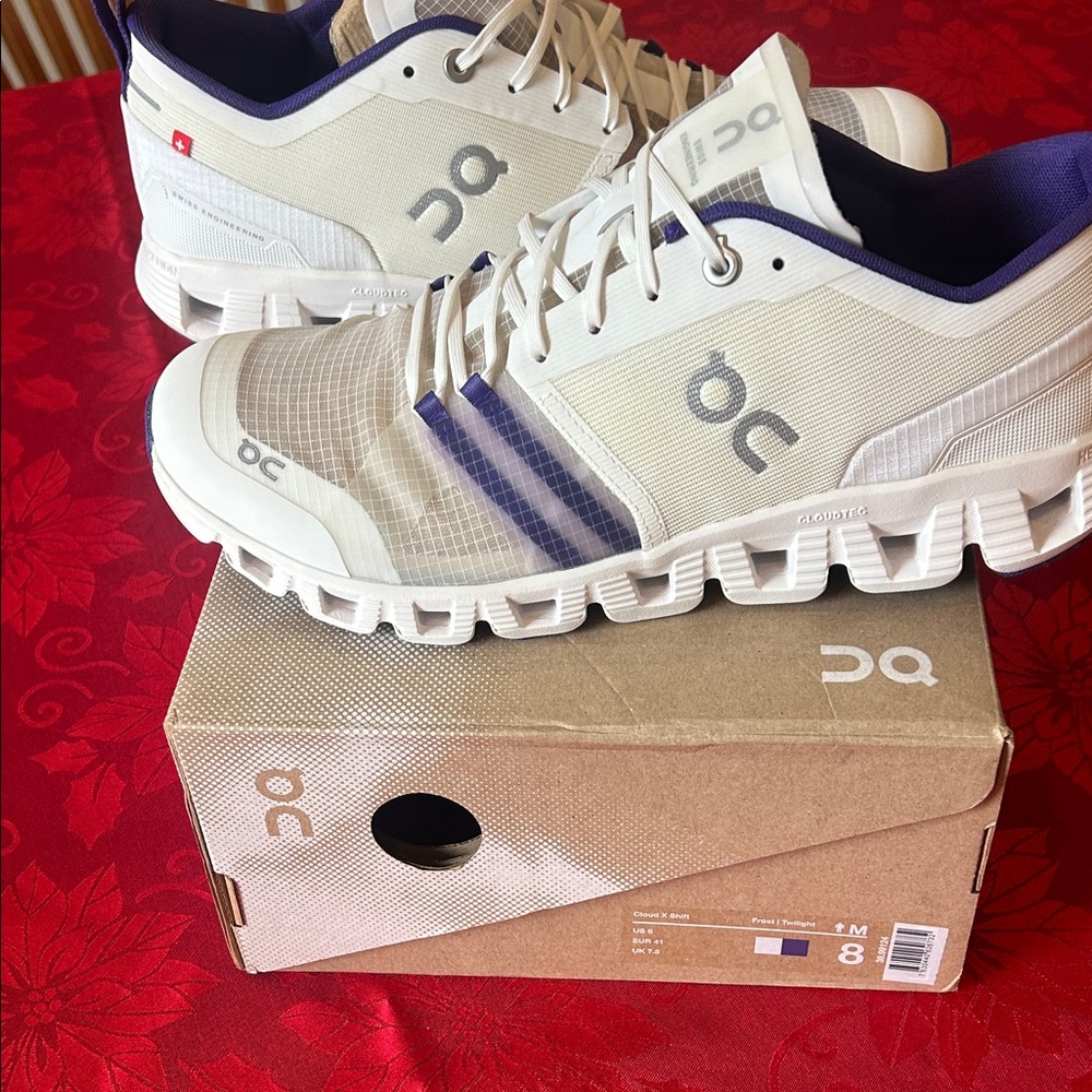 On Running Cream and Blue/purple  Mens Athletic Shoes